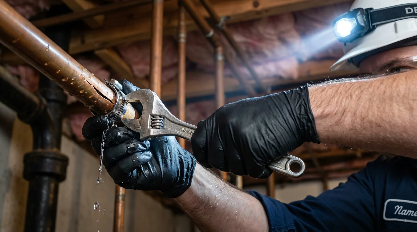 Emergency pipe clamp repair being performed by a Johns Plumbing LLC plumber in Saint Charles