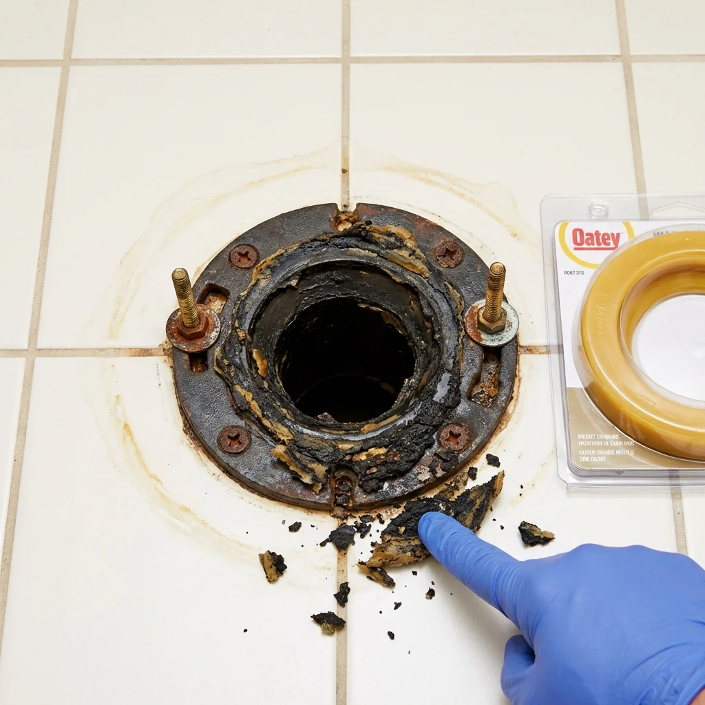 Failed wax ring showing water seepage at the base of a toilet in a Saint Charles, MO home