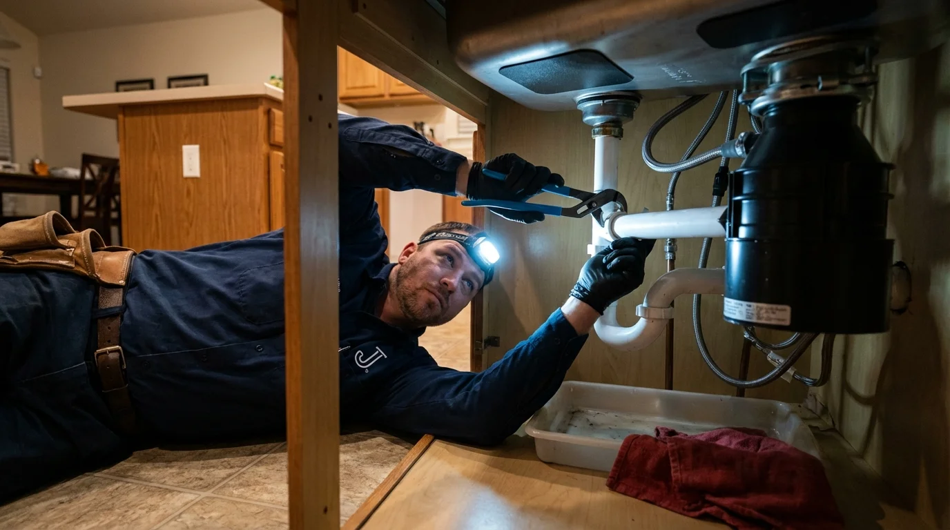 P-trap and supply line connections under a kitchen sink showing a common leak point in Saint Charles, MO